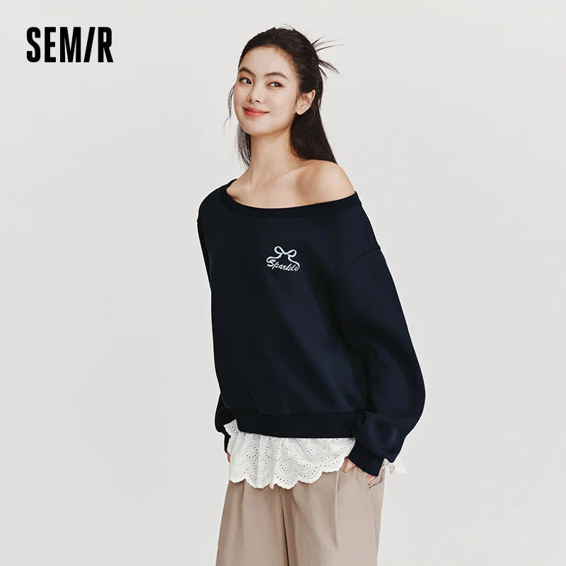 Semir Women Hoodie 2026 New Red One Shoulder Fake Two Piece Sexy Smart Casual Style Spring Holiday Tops