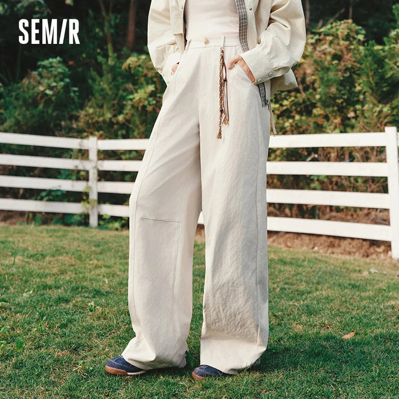 Semir Streetwear Pants Women 2026 Spring Seam Textured Half Elastic Waist Ornament Loose Curved Blade Casual Trousers