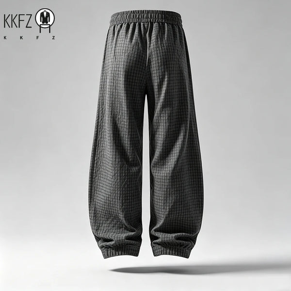 Mens Plaid Crinkle Harem Trousers Elastic Drawstring Waist Loose Fit Breathable Lightweight Outdoor Walking Garment