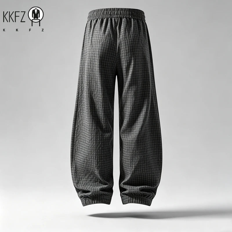 Mens Plaid Crinkle Harem Trousers Elastic Drawstring Waist Loose Fit Breathable Lightweight Outdoor Walking Garment