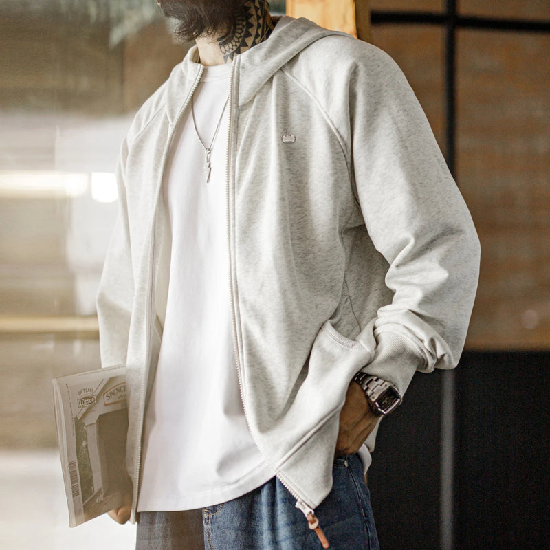 Maden Men's Casual Loose Fit Hoodie Raglan Sleeves Heather Gray Cardigan Ribbed Hem Long Sleeve Outerwear for Spring Fall