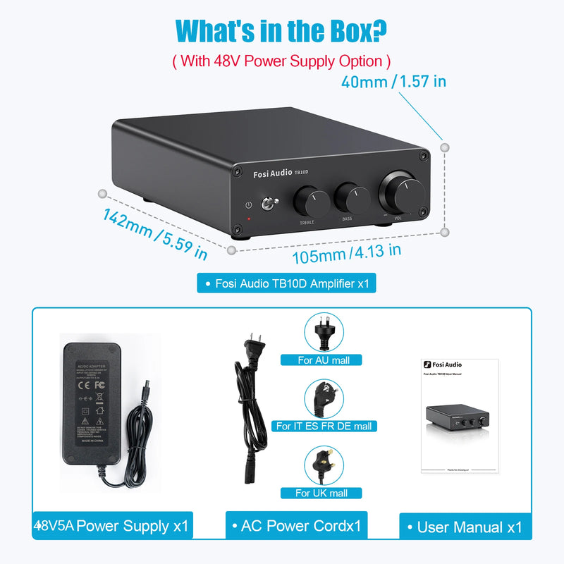 ឧបករណ៍ពង្រីកសំឡេង Fosi Audio TB10D HiFi Power Amplifier 300Wx2 TPA3255 Class D Stereo Amp ជាមួយនឹង Treble Bass សម្រាប់ឧបករណ៍បំពងសំឡេងនៅផ្ទះ