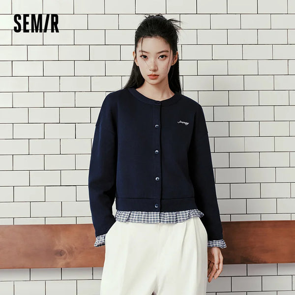 អាវក្រៅស្ត្រី Semir ខ្លី រាងក្រឡាចត្រង្គ ប៉ាក់ពីរដុំ រលុង ស្មាទម្លាក់ចុះ ប៉ាក់ អាវក្រៅធម្មតា 2026
