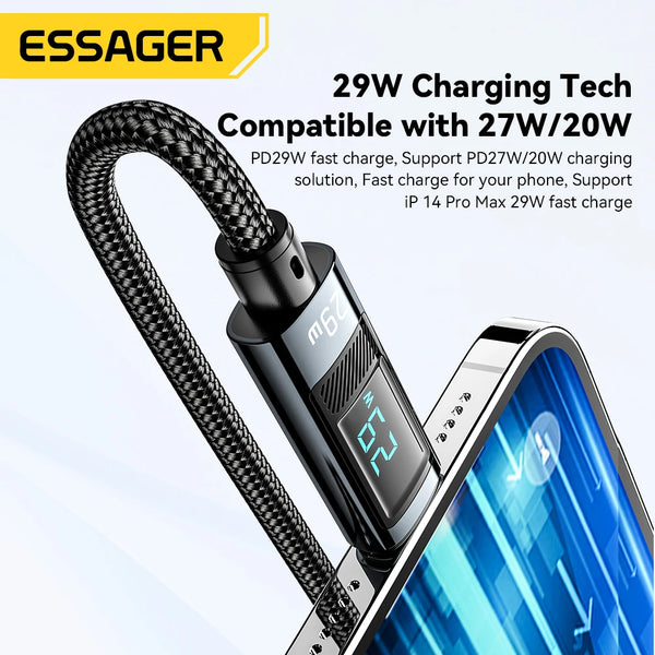 ខ្សែសាក Essager USB Type C សម្រាប់ iPhone14 13 12 Pro Max PD 29W សាកលឿនសម្រាប់ iPad ខ្សែសាកខ្សែបង្ហាញឌីជីថល