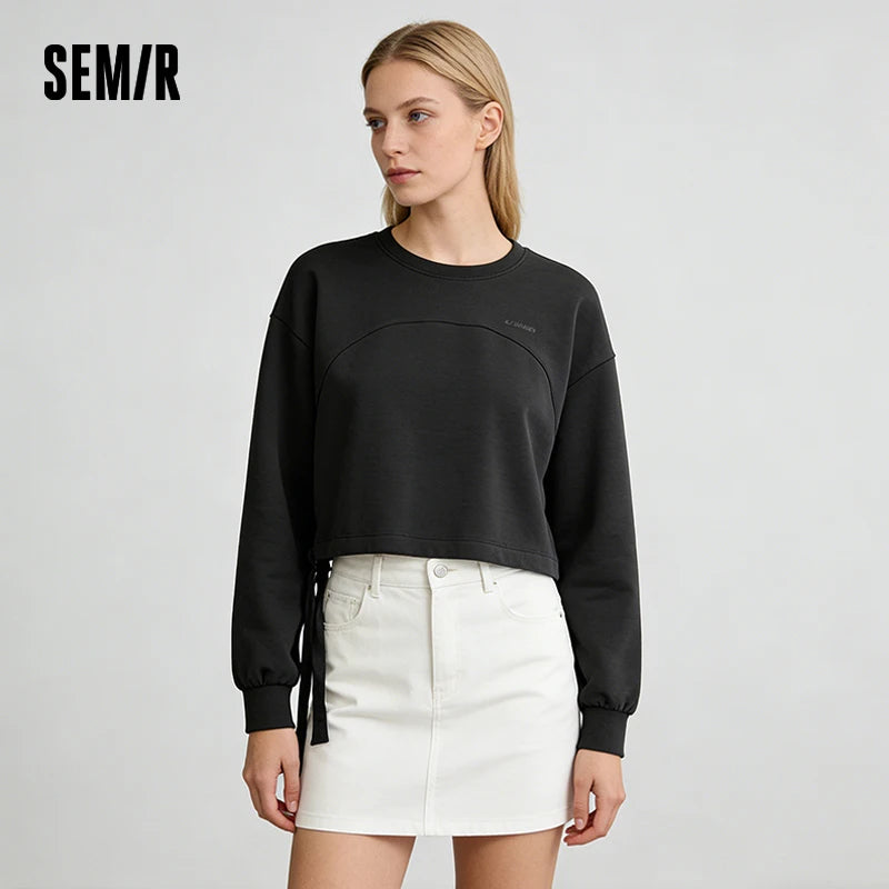 Semir Trendy Hoodie Women Spring Short Crew Neck Loose Letter Drawstring Casual Ins Fashion Minimalist Stylish Top