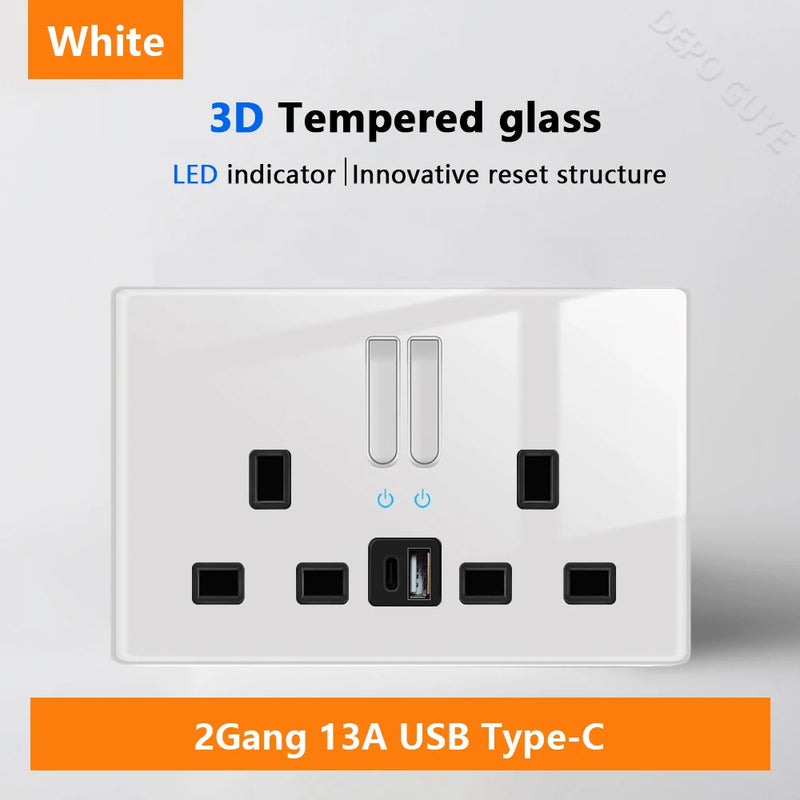 White LED indicator light switch Panel glass piano key Self-reset wall switch socket,UK Universal USB Type-C Electrical outlet