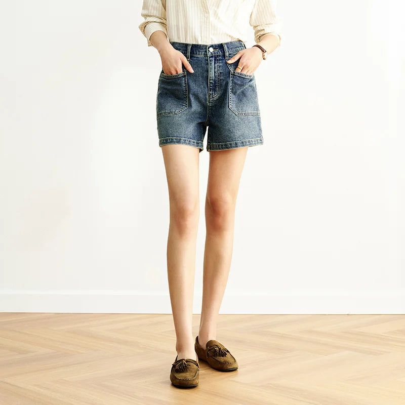 Semir Womens Denim Shorts 2026 Vintage Washed Semi Elastic Waist Straight Casual Soft