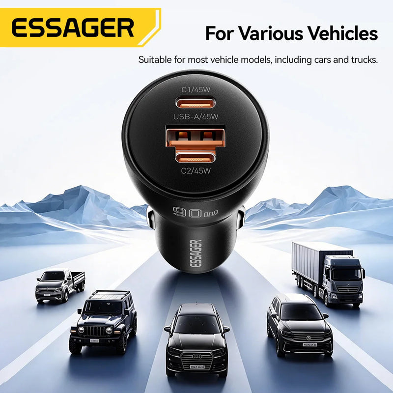 Essager 90W USB Type-C Car Charger PD QC SCP AFC PPS 45W Fast Charging Mini Car Phone Charger For iPhone18 17 Pro Samsung Xiaomi