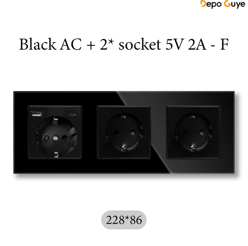 European Standard 4 Gang Wall Power Socket 16A Glass Panel with Three USB Type-C Ports White Black Industrial Home Hotel