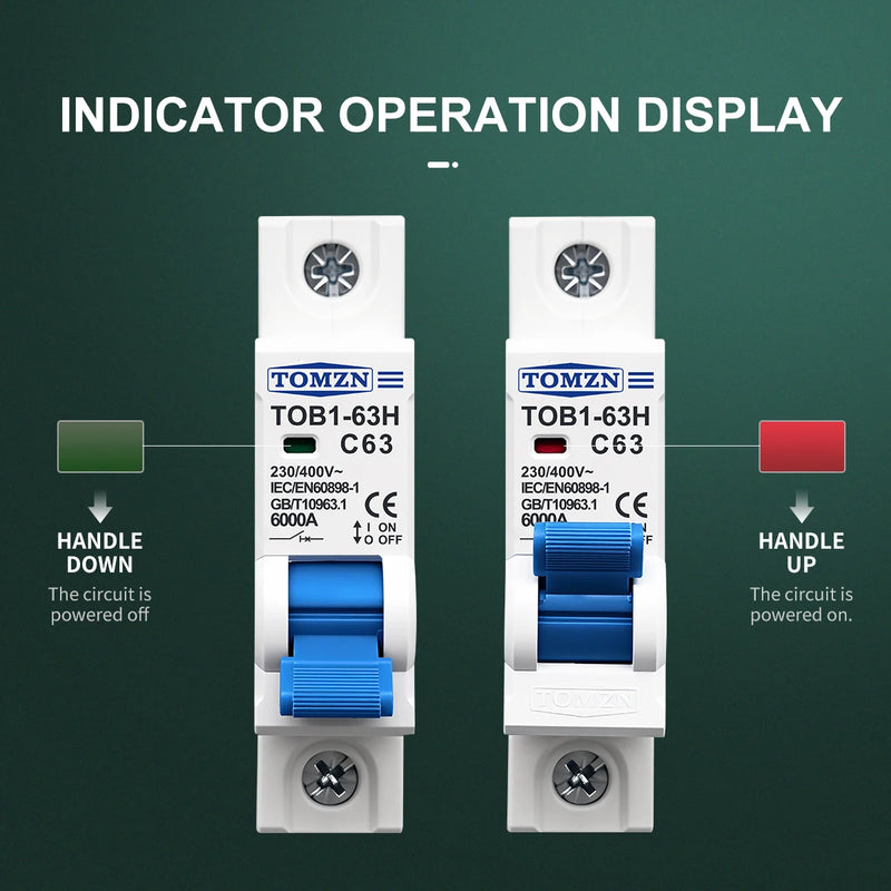TOMZN 1P AC MCB TOB1-63H C Type AC 230/400V~ 50/60Hz Mini Circuit Breaker 3A 6A 10A 16A 20A 25A 32A 40A 50A 63A
