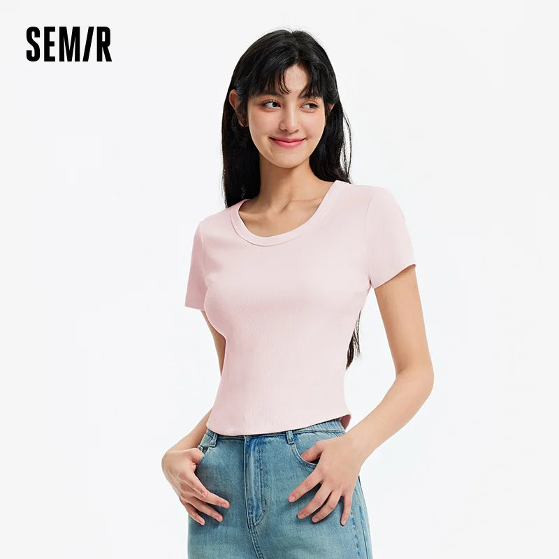 Semir Womens Tshirt 2026 Short Style Slim Fit Large Crew Neck Regular Shoulder Solid Basic Casual Soft Daily Wear