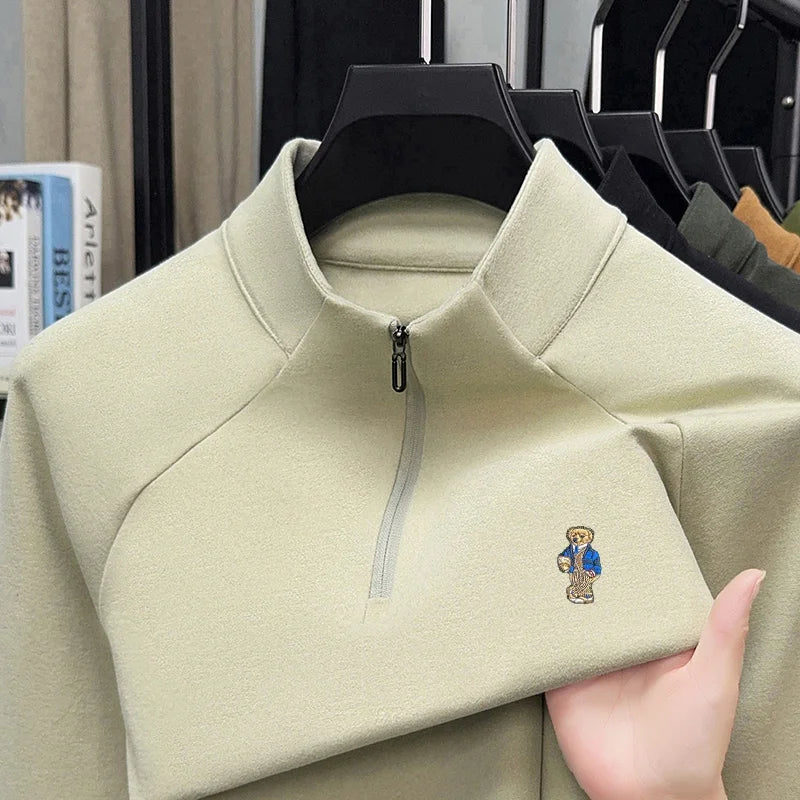 Best-Selling Man Long-Sleeved T-Shirt Mock Neck Half-Zip Double-Faced Velvet Fleece Bear Embroidery Autumn Winter Leisure Tops
