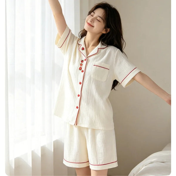 100% Cotton Pajamas for Woman Nightwear Cardigan Lapel Short Sleeve Top Two Piece Loungewear Sleepwear Women's Cotton Pijama