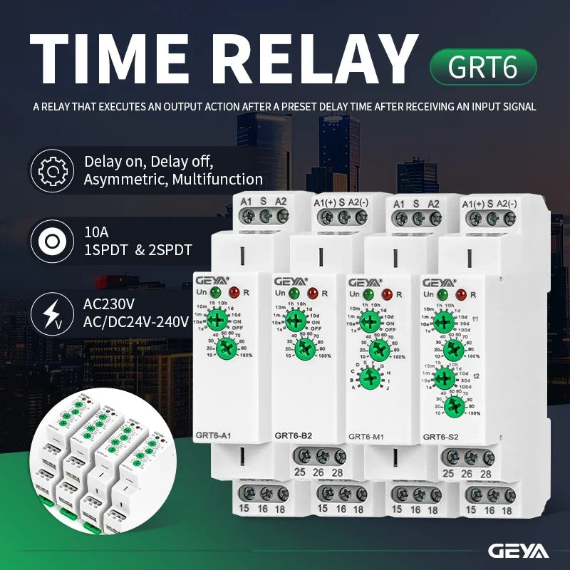 រេឡេពន្យាពេលវដ្ត GEYA GRT6-S AC/DC24V-240V រេឡេអសមមាត្រ SPDT 220V 10A រេឡេអេឡិចត្រូនិចម្តងទៀត