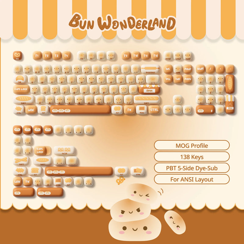 Akko Original Cute Theme MOG/MOA/MAO Profile PBT Keycap Set 5-side Dye-sub ANSI/ISO Layout Girl Keycaps Gift Round Bun Mushroom