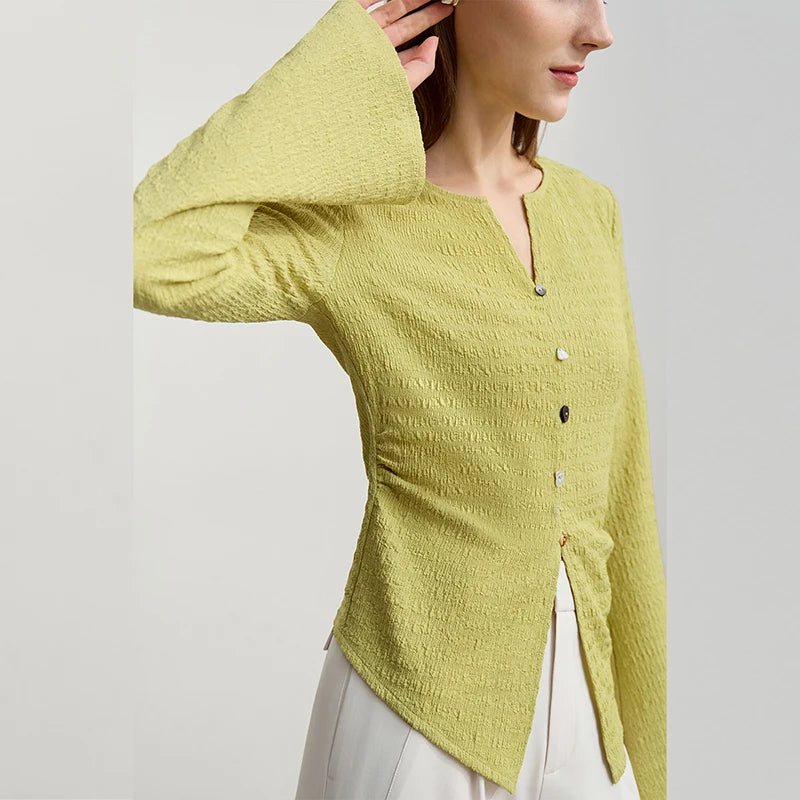 Amii Long Sleeve Women's T-shirt 2026 Autumn New Minimalist Slim Elastic Flare Sleeve Knitted Pullover Tops For Woman 12611001