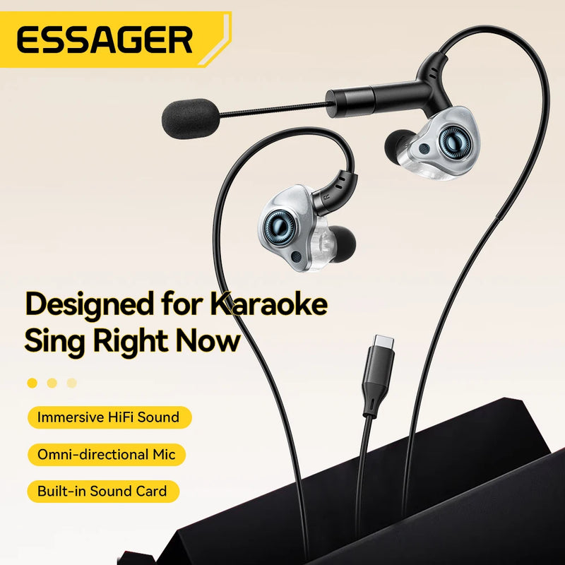 កាសស្តាប់ត្រចៀក Essager Type-C Karaoke ជាមួយនឹងកាតសំឡេងដែលភ្ជាប់មកជាមួយ HIFI Stereo Music កាសស្តាប់ត្រចៀកមានខ្សែ ជាមួយមីក្រូហ្វូន សម្រាប់ច្រៀង/ផ្សាយផ្ទាល់/លេងហ្គេម