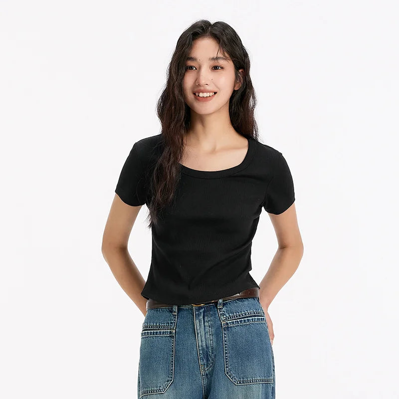 Semir Womens Tshirt 2026 Short Style Slim Fit Large Crew Neck Regular Shoulder Solid Basic Casual Soft Daily Wear