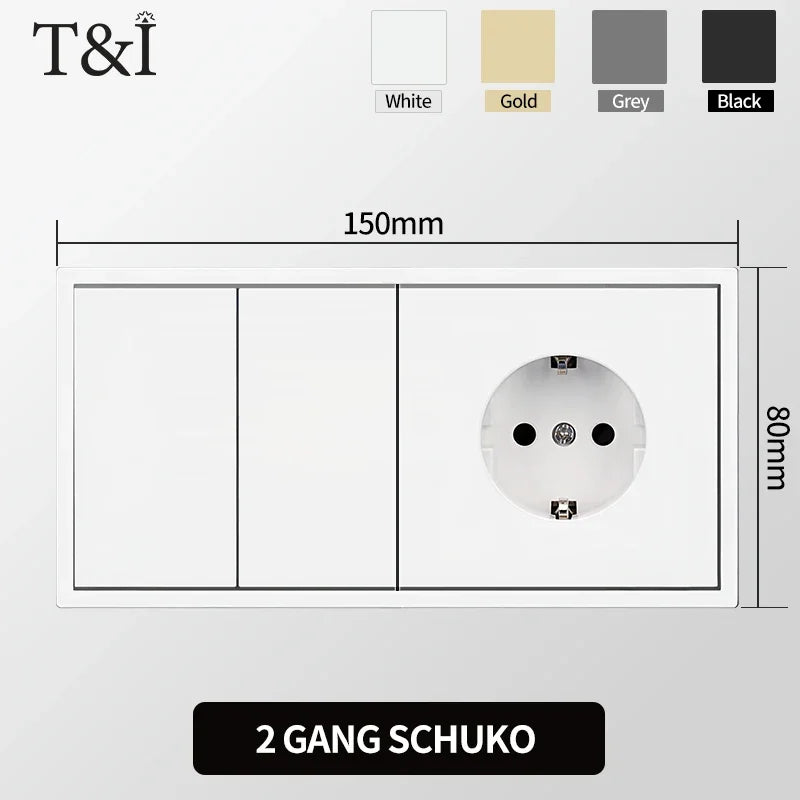 European Wall Socket EU Outlet, USB Type-C Charging Ports, 1/2 Gang Light Switch, 16A 250V, Flush Mount, White Panel, 80×80mm