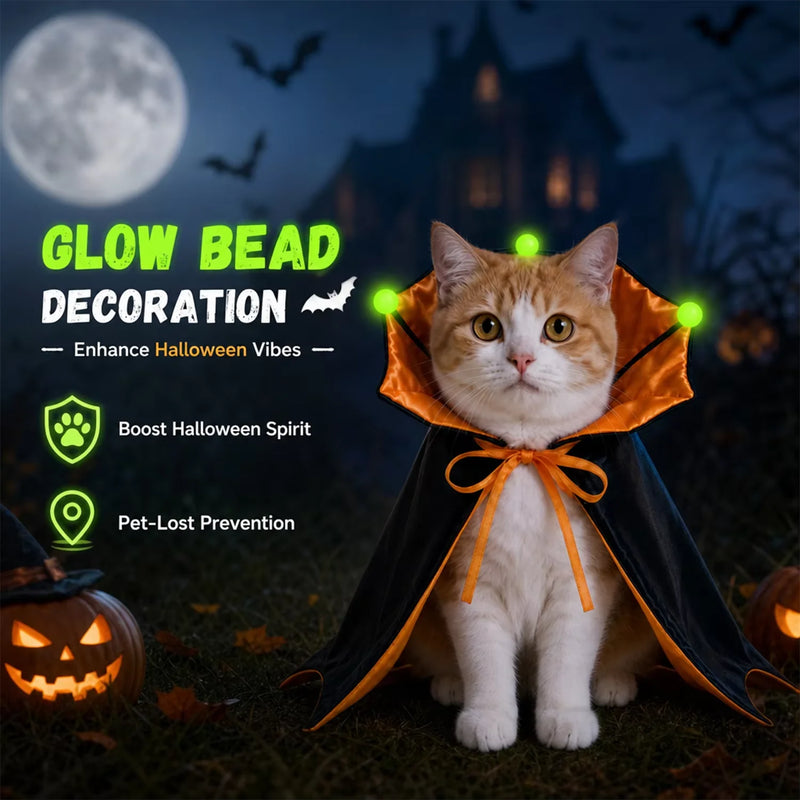Halloween Vampire Cape for Cats & Small Dogs, Black Orange Bat Wing Pet Costume with Glowing Beads, Adjustable Elastic Straps
