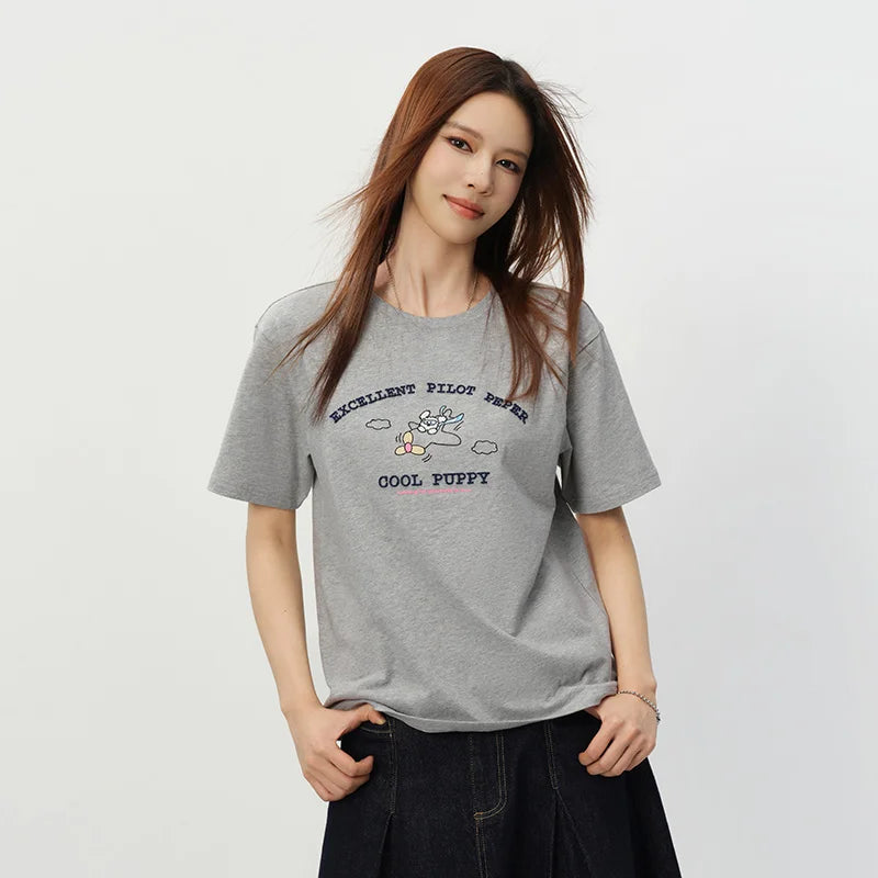 Semir Women Tshirt Cotton Funny Embroidered Casual Fashion Versatile Basic Top 2026 Summer Simple Daily Comfort Wear