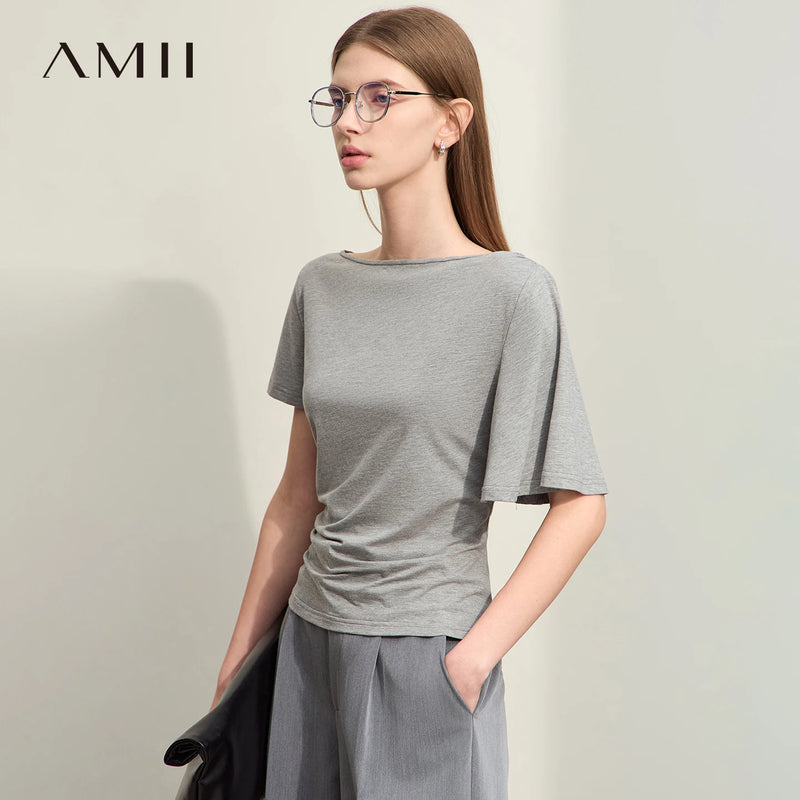 Amii Off Shoulder T-shirt 2026 Summer New Shirred Waist Asymmetric Short Sleeve Cotton Top Slim Breathable Tee Shirt 12622224