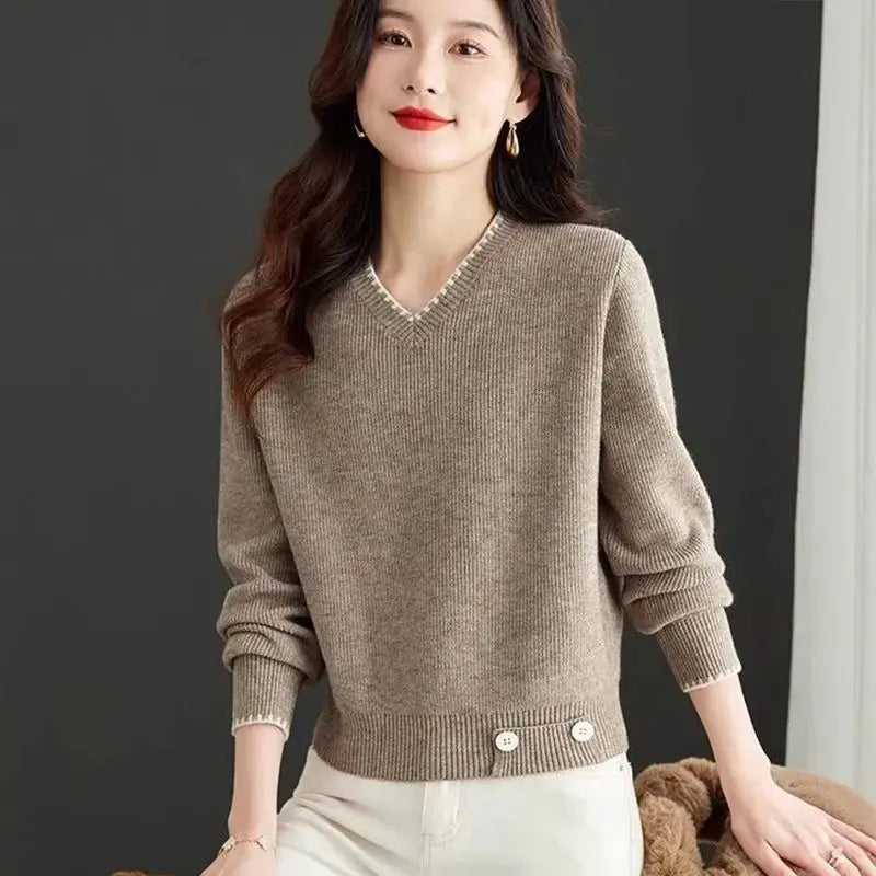Pulls Femmes Jumper V Neck Long Sleeve Tops Female Short Knitwear Blouse Spring Autumn Winter Clothes Woman Pullover Sweater