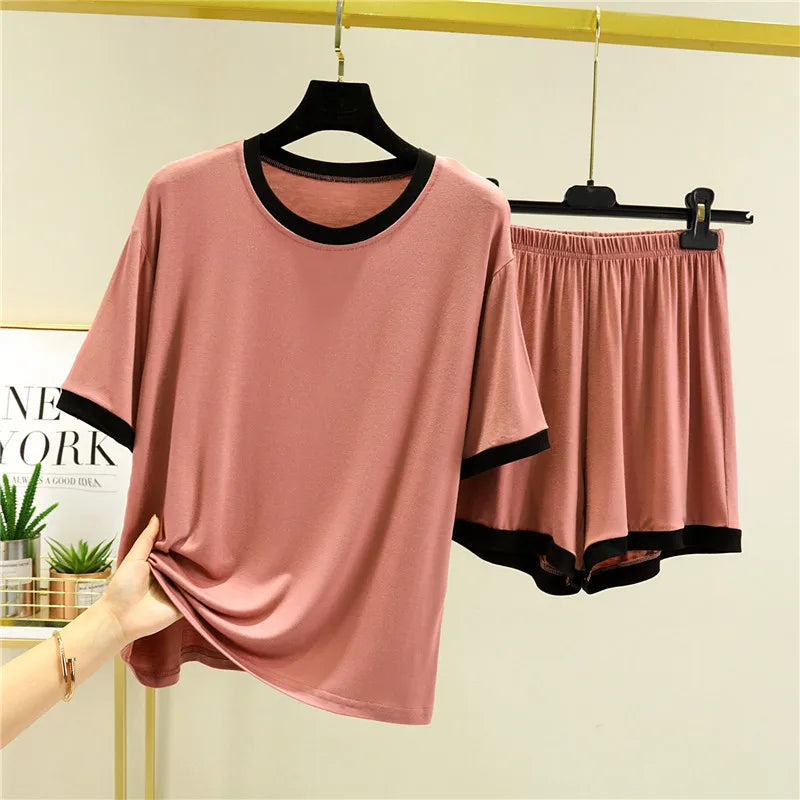 Fdfklak Summer Pajamas Women New Two-Piece Set Modal Round Neck Short-Sleeved Shorts Suit Casual Home Clothes Outside Wear