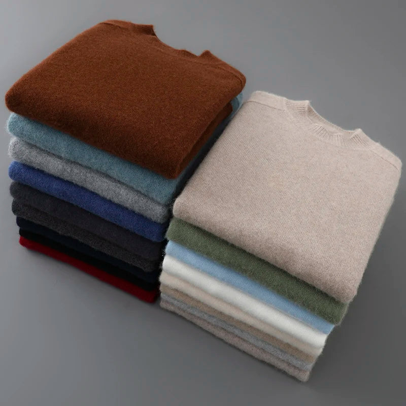 100% Australian Wool Men's New Half Turtleneck Sweater, Flat Seven-Needle Thickened Saddle Shoulder Half High Pullover