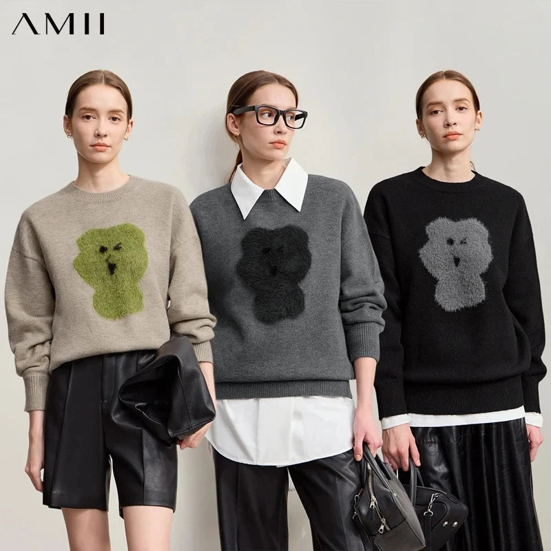 AMII Women's Sweater 2026 Winter New Minimalist Casual Loose Long Sleeve Sweater Solid Color Elegant Knitted Long Skirt 12524050