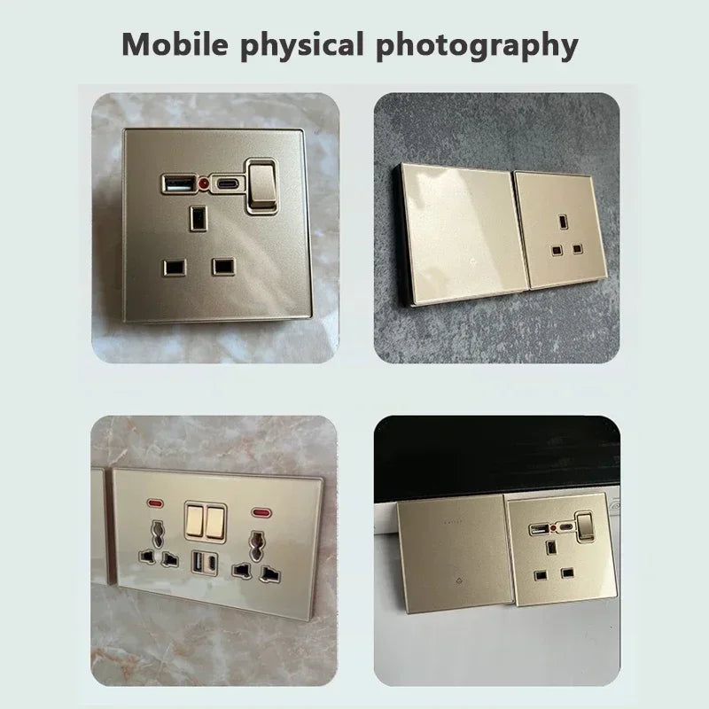 Deluxe Gold Tempered Glass Universal Dual power outlet,UK 13A Wall plug socket with 20W Fast charge,Home Electrical Light Switch