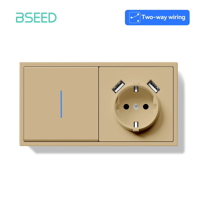 BSEED 1/2Gang 2Way Button Light Switch With EU Socket 20W AC Socket Plastic Frame Wall Switch On Off For Stairs LED Backlight