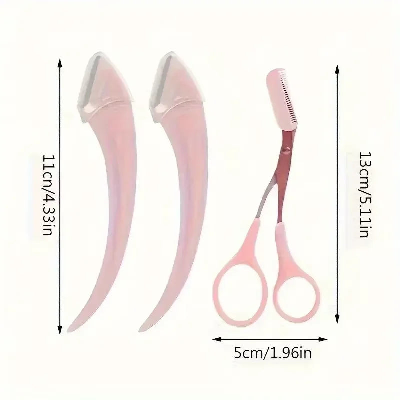3Pcs Eyebrow Trimmer Set Curved Razor Scissors With Comb Macro Brow Shaper Safety Grooming Kit For Women