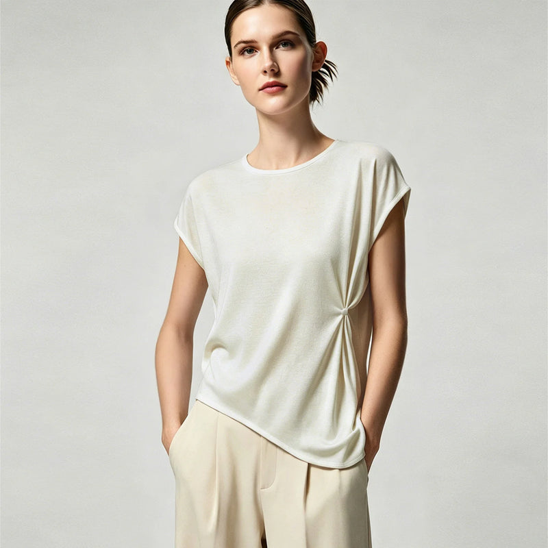 Amii Women's T-Shirt 2026 Summer New Acetate O-Neck Asymmetric Split Hem Flowy Top Loose Fit Office Casual Tee Women 12622220