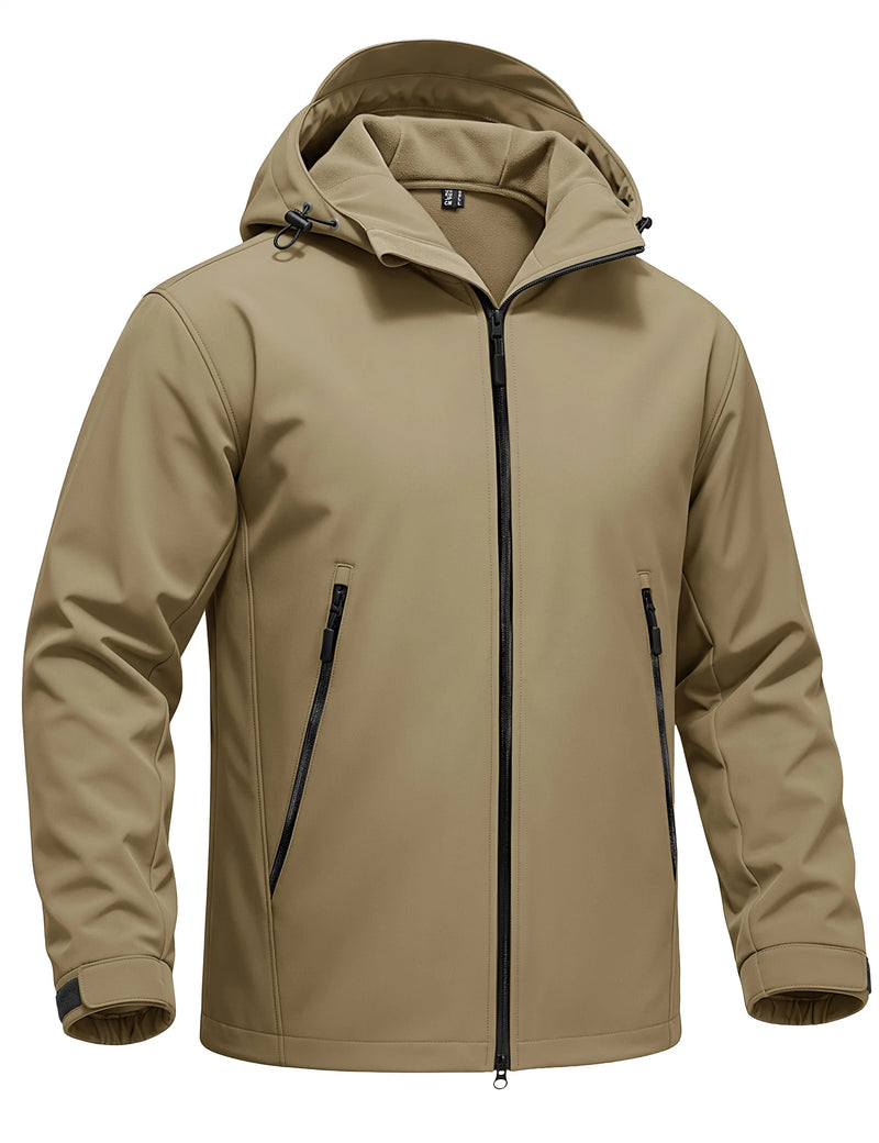 TACVASEN Autumn And Winter Men's Softshell Hooded Waterproof Fleece Lightweight Jacket Windproof Coat With 2 Pockets For Hiking