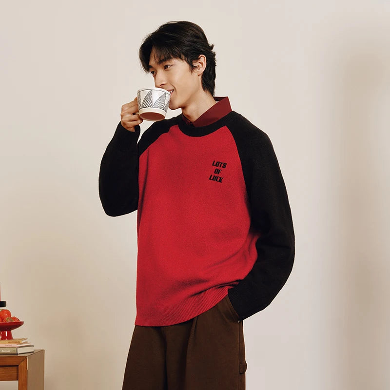 Semir Cozy Sweater Men 2026 Spring Fleece Embroidered Color Block Loose Knit Top New Year Red Casual Comfortable Wear