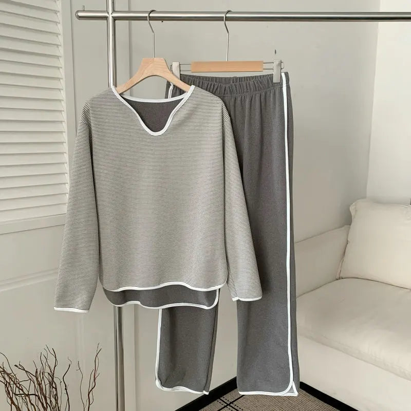 Pijama Feminino Thicken Fleece Long Sleeve Top Pant Set Fashion Striped Sleepwear Women's Pajamas Autumn Winter Home Clothes