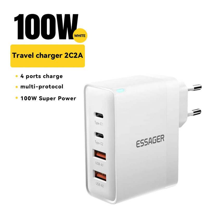 ឆ្នាំងសាក Essager 100W USB Type C ឆ្នាំងសាក 65W PD Quick Charge 4.0 3.0 Type-C សាកលឿនសម្រាប់ iPhone 16 15 14 13 Pro Xiaomi Macbook Laptop