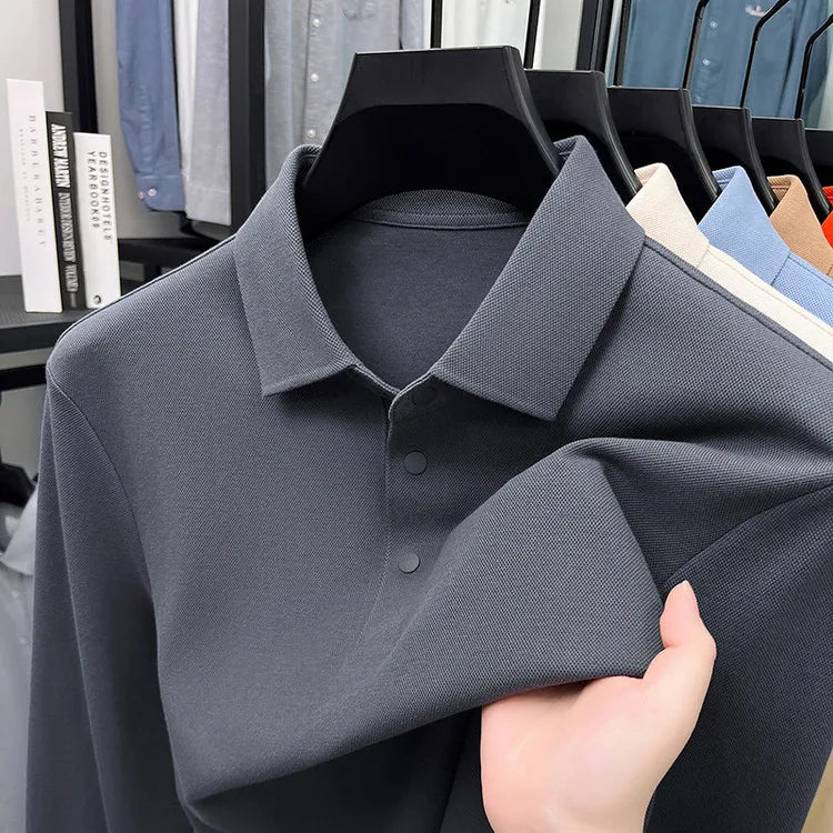 Men's Premium Long Sleeve Polo Shirt - Mercerized Pique Cotton, Seamless Collar and Cuff Design (12 Colors Available)
