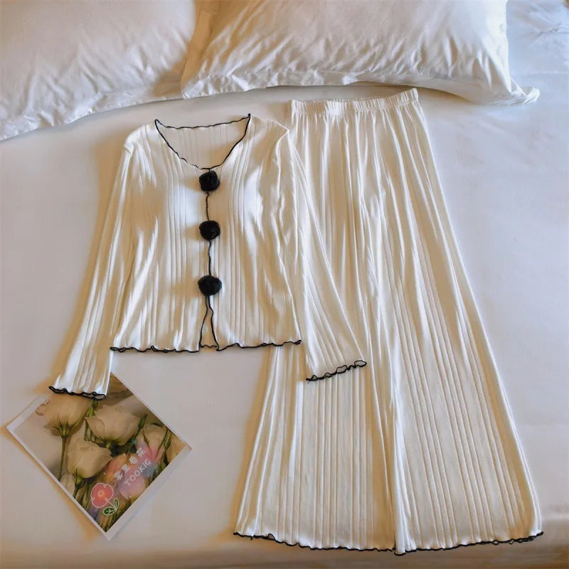 Spring Autumn Woman Pajamas New Breast Pad Long Sleeve Tops Trousers Sets Cotton Women's Home Clothes Soft Sleepwear Pijama
