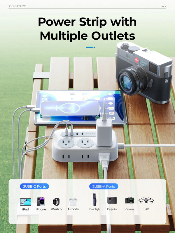 ORICO Power Strip with 6 Sockets 2 USB 2 Type C Multi-Size Extension Cord (1250W/10A) for Home, Outdoor, Travel Sockets