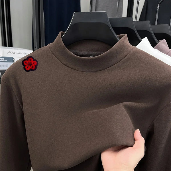 Original Design Man Long-Sleeved T-Shirt Mock Neck Flower Embroidery Dralon Fabric Autumn Winter New Tops Casual Men's Clothing