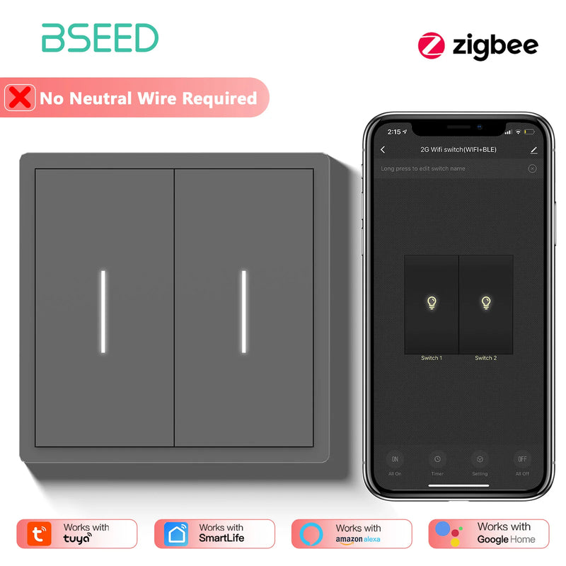 BSEED Zigbee Button Light Switch 1/2/3/4Gang Smart Wall Switch Tuya Smart Life Alexa Voice Control Plastic Frame No Neutral Line