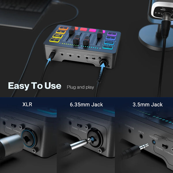ឧបករណ៍លាយសំឡេងលេងហ្គេម FIFINE USB ជាមួយចំណុចប្រទាក់មីក្រូហ្វូន XLR, ថាមពល Phantom 48V, RGB, កាតសំឡេងសម្រាប់ Podcasting Streaming AmpliGame SC3