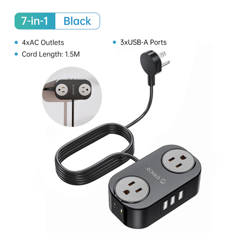 ORICO Travel Power Strip with USB C AC Outlets 3 USB Ports Wrapped Flat Plug Extension Cord with Multiple Outlets for Travel