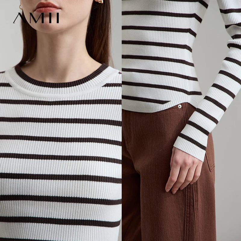 AMII Minimalism Women's Sweater 2026 Autumn New Office O-Neck Pullovers Knitt Sweaters Long Sleeves Women's Strip Tops 12523134