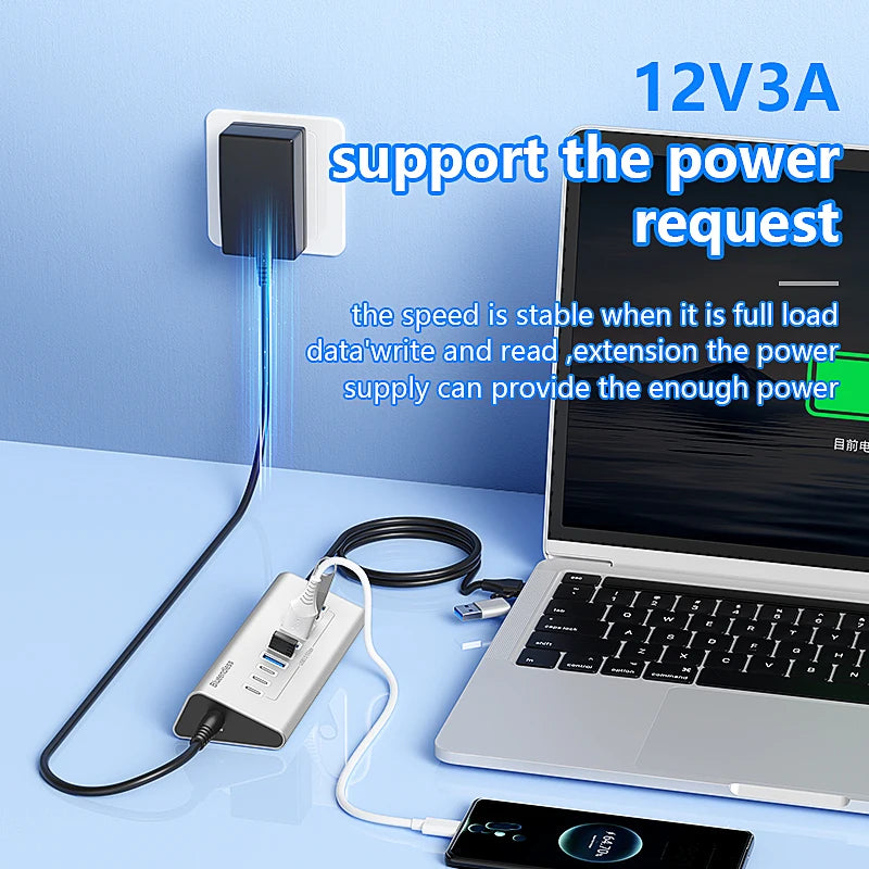 មជ្ឈមណ្ឌល USB3.0 ឥតខ្សែ 7 ច្រក 10 ច្រក USB C Hub 10 ក្នុង 1 អាលុយមីញ៉ូម Splitter Split Switch Adapter អាដាប់ទ័រថាមពល 12V សម្រាប់កុំព្យូទ័រ Macbook