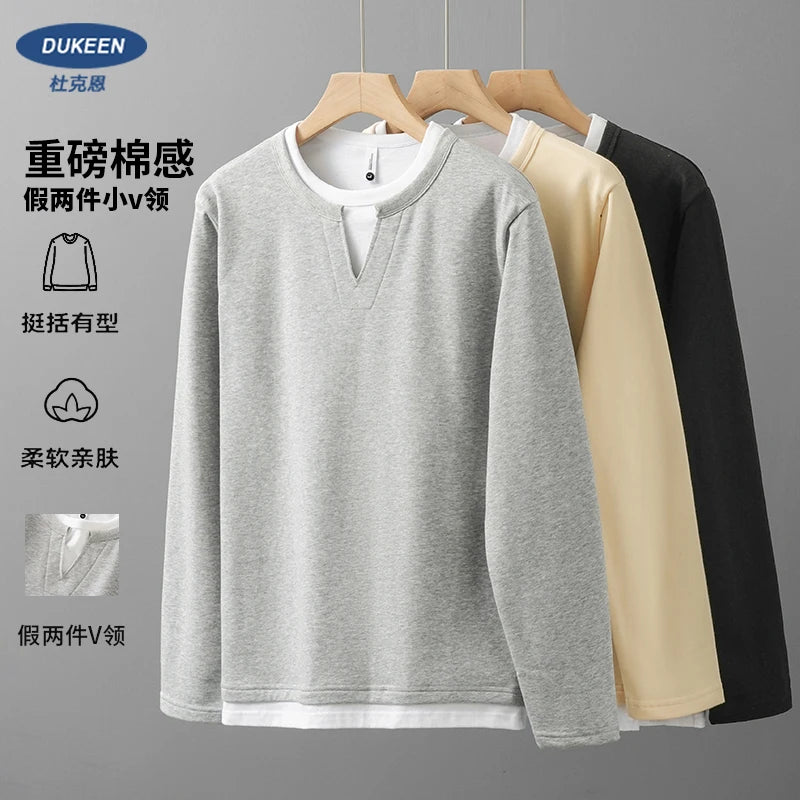 DUKEEN Men's 2-In-1 Pullover Sweatshirt 2025 Spring and Autumn New Fashion Loose Crew-Neck Long Sleeve T Shirts for Men