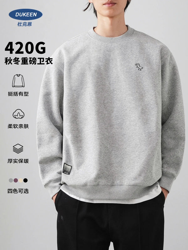 DUKEEN 420G Heavyweight Fleece Sweatshirt for Men Autumn and Winter Dinosaur Embroidery Oversize Casual Pullover Men's Clothing