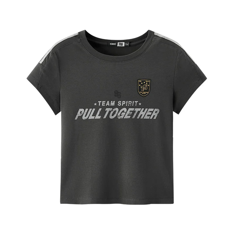Semir Womens Tshirt 2026 Short Style Slim Printed Regular Shoulder Retro American Sports Style Casual